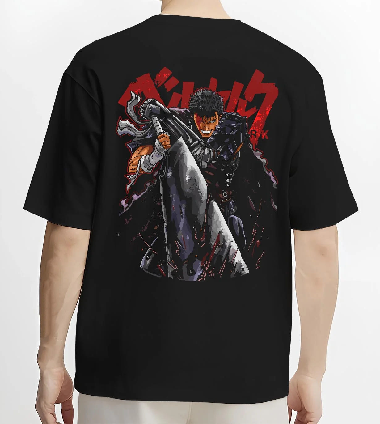 Black T-shirt worn by male model, back view with Guts Berserk Warrior Hoodie Dark Fantasy Retro Anime graphic Guts anime design.