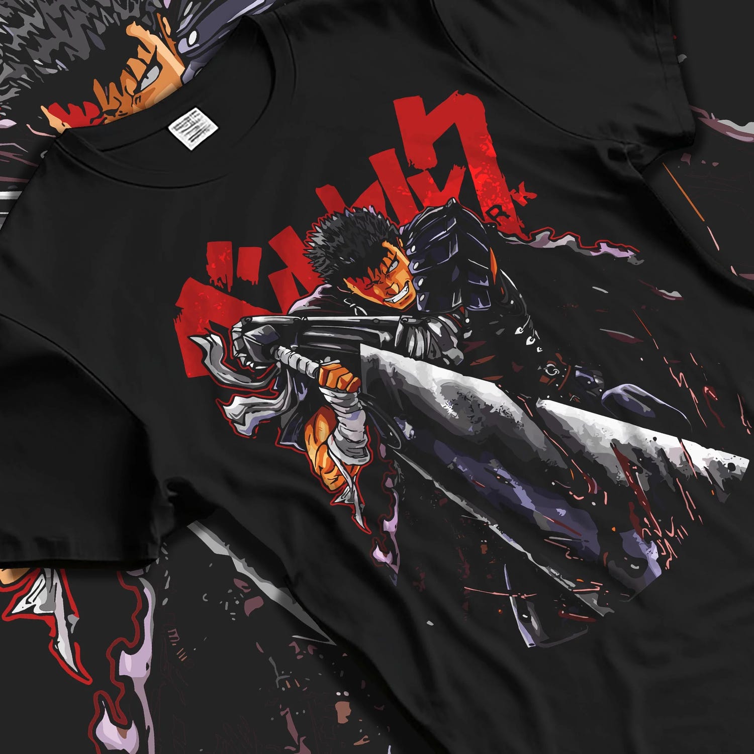 Black T-shirt laid flat with natural folds with Guts Berserk Warrior Hoodie Dark Fantasy Retro Anime graphic Guts anime design.