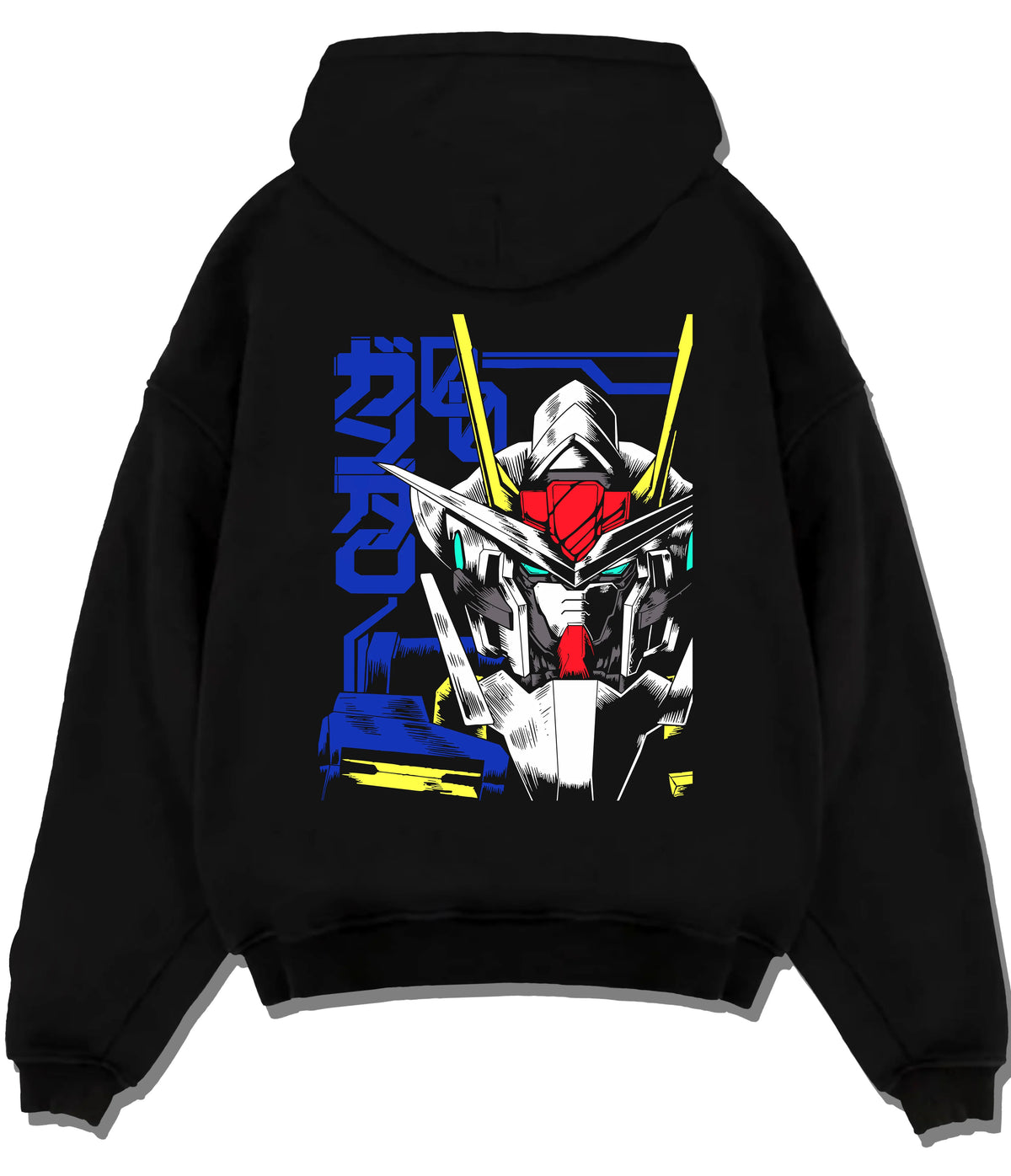 Black hoodie flat back view showing Gundam from Mobile Suit Gundam: white mecha head blue technical poster