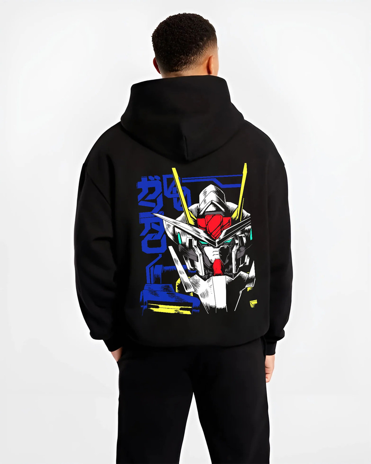 Black hoodie model back view showing Gundam from Mobile Suit Gundam: white mecha head blue technical poster