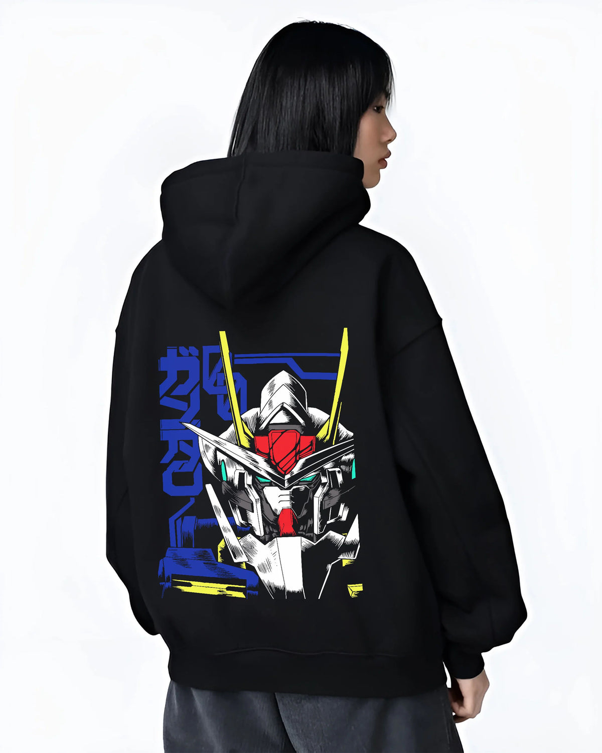 Black hoodie female model back view showing Gundam from Mobile Suit Gundam: white mecha head blue technical poster