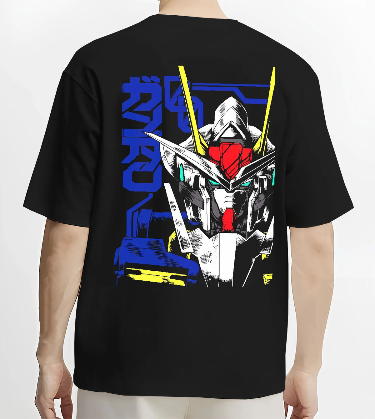 Black T-shirt model back view showing Gundam from Mobile Suit Gundam: white mecha head blue technical poster