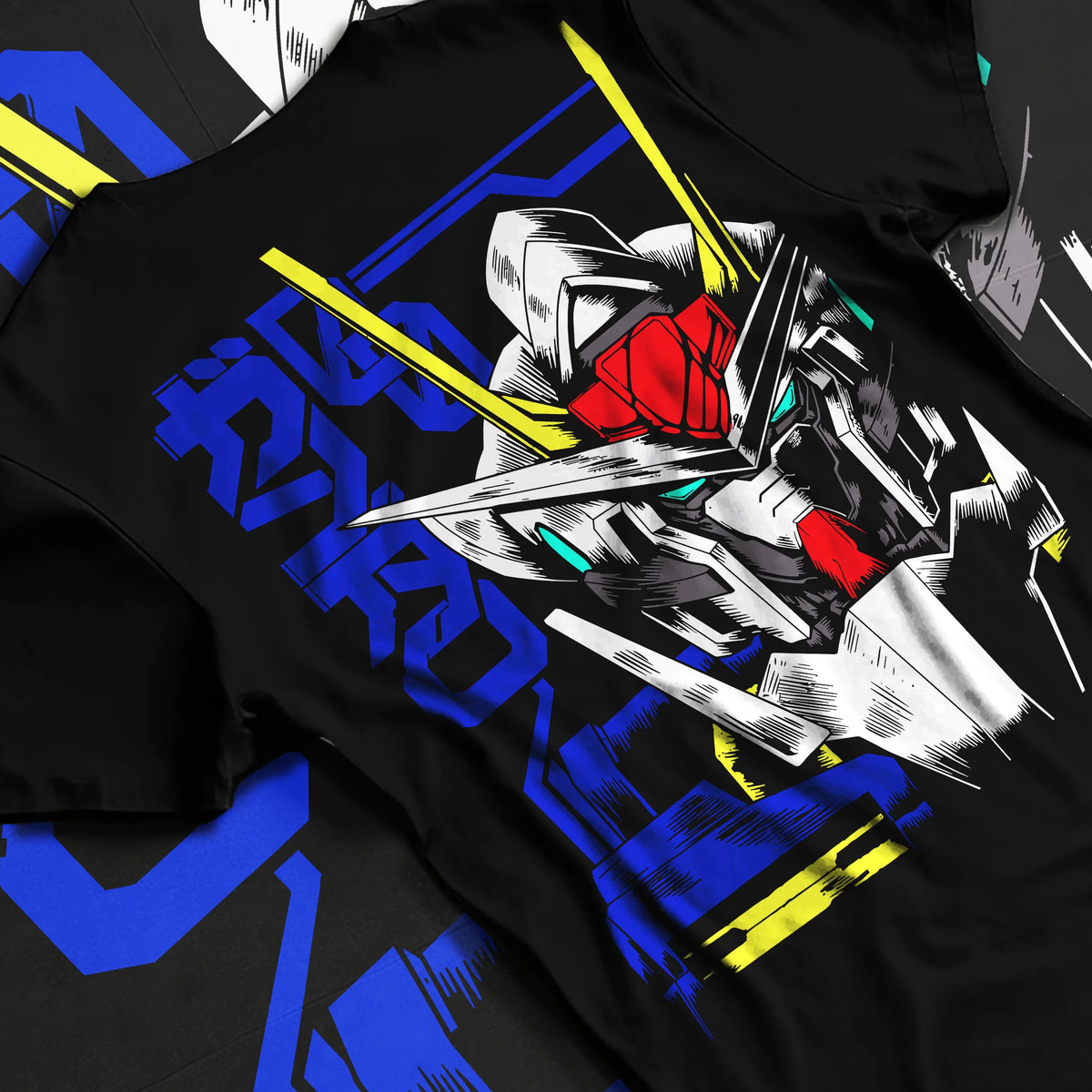 Black T-shirt flat back view showing Gundam from Mobile Suit Gundam: white mecha head blue technical poster