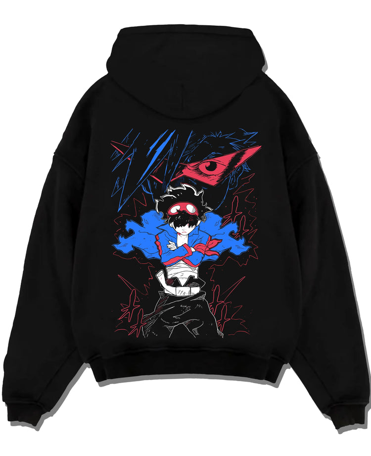 Black pullover hoodie laid flat with Gurren Lagann Hoodie Simon Kamina Mecha Jumper graphic premium wear.