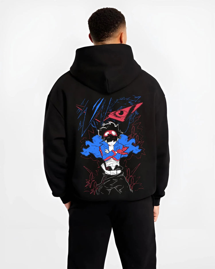 Black hoodie worn by male model, back view with Gurren Lagann Hoodie Simon Kamina Mecha Jumper graphic streetwear graphic.
