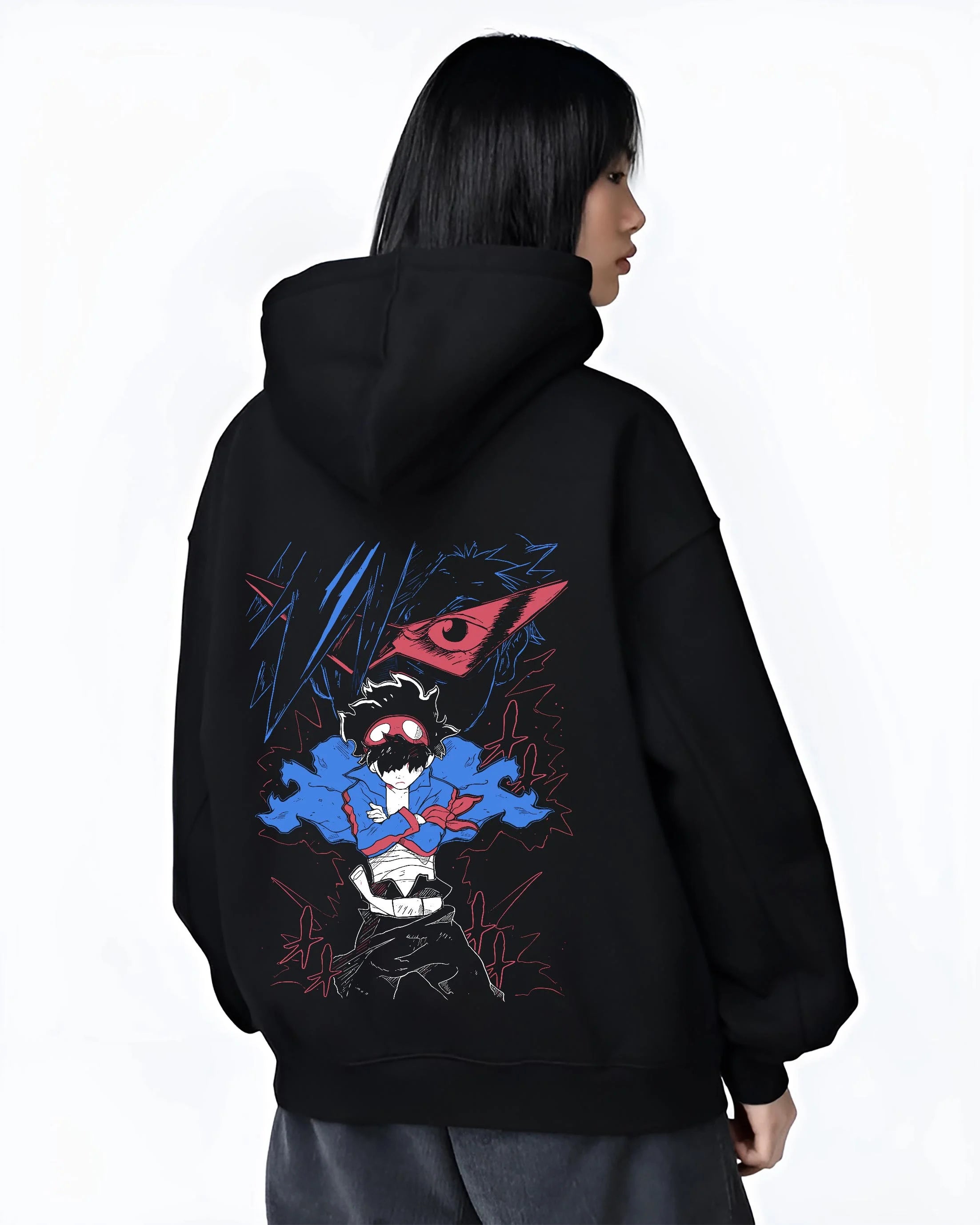 Black hoodie worn by female model, back view with Gurren Lagann Hoodie Simon Kamina Mecha Jumper graphic bold anime graphic.