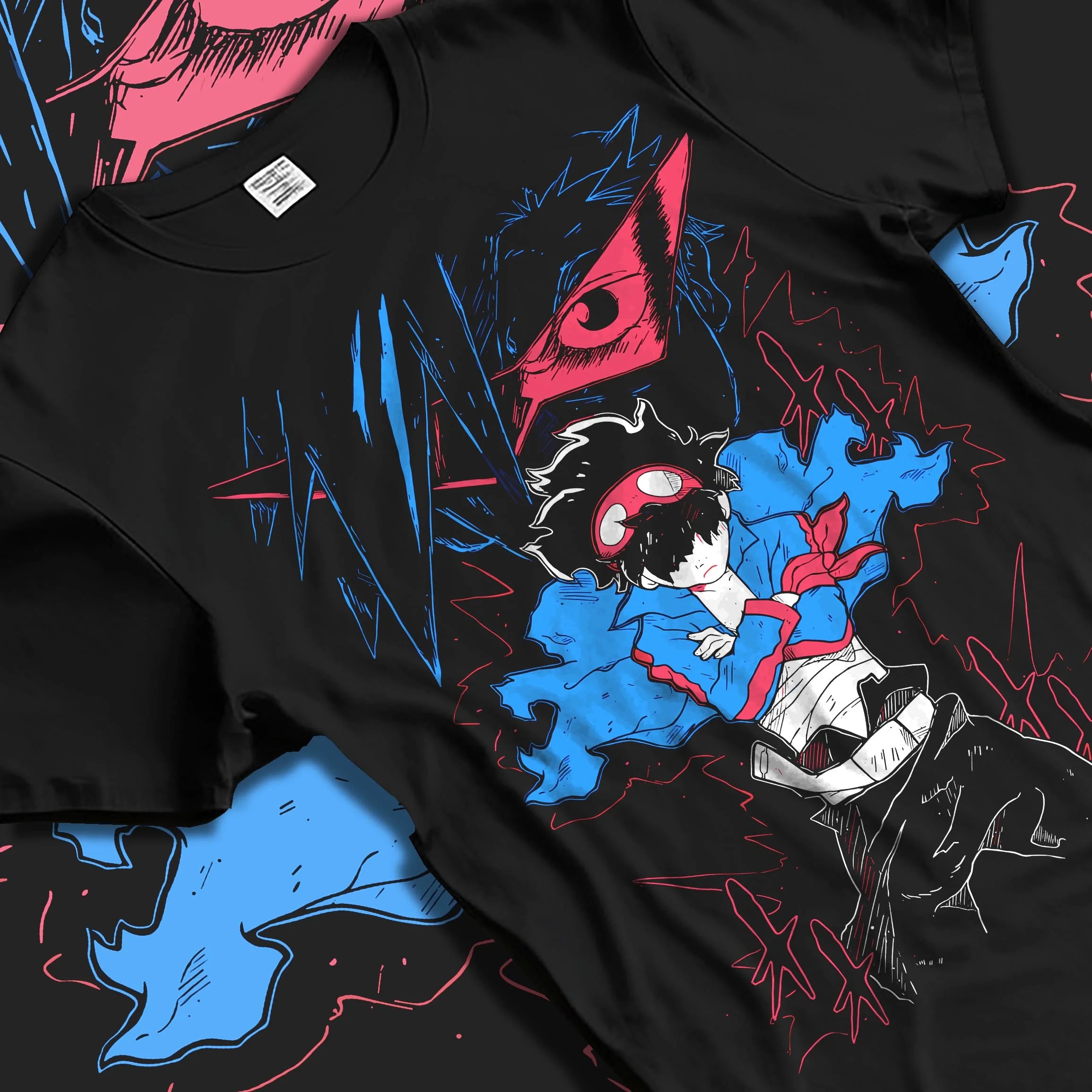 Black T-shirt laid flat with natural folds with Gurren Lagann Hoodie Simon Kamina Mecha Jumper graphic streetwear graphic.