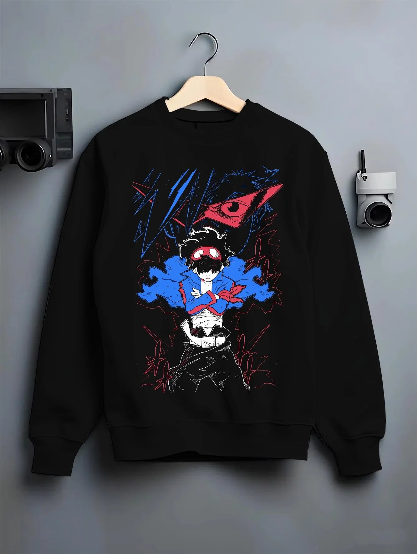 Black crewneck sweatshirt on hanger with Gurren Lagann Hoodie Simon Kamina Mecha Jumper graphic premium wear.