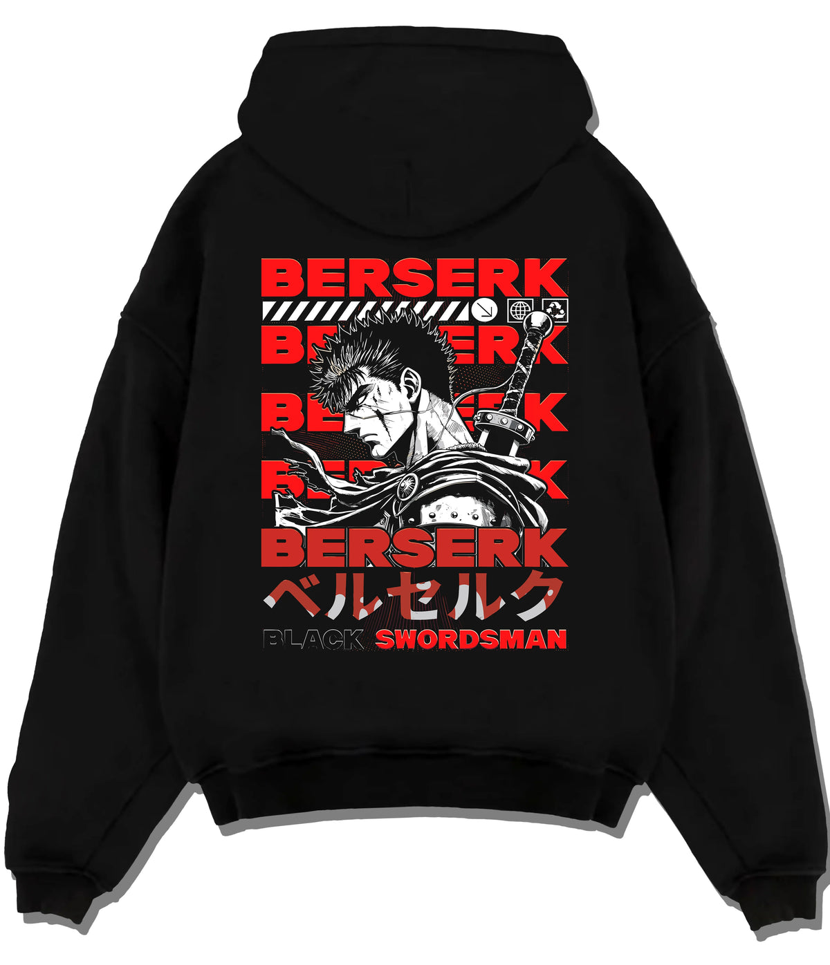 Black hoodie flat back view showing Guts from Berserk: Black Swordsman manga portrait