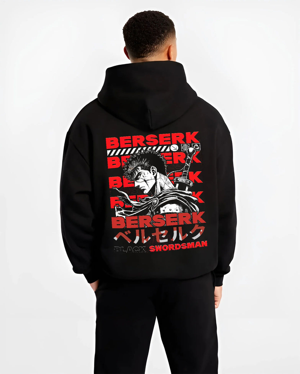 Black hoodie model back view showing Guts from Berserk: Black Swordsman manga portrait