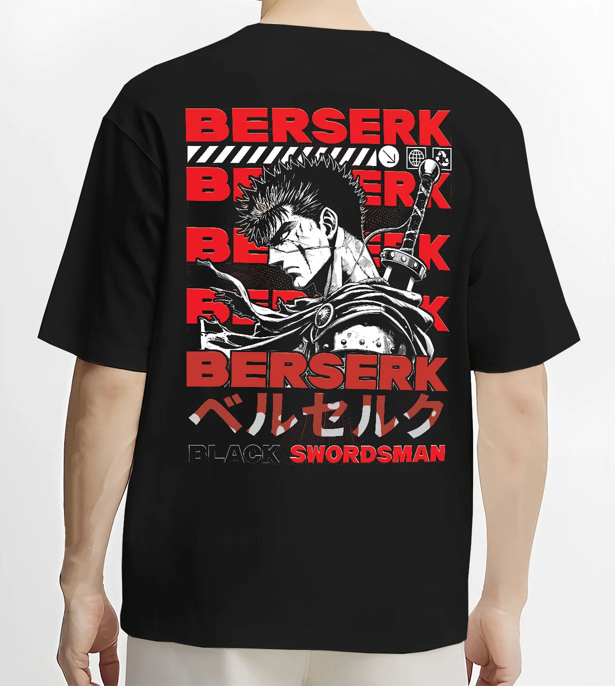 Black T-shirt model back view showing Guts from Berserk: Black Swordsman manga portrait