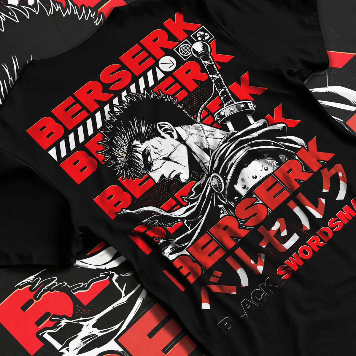 Black T-shirt flat back view showing Guts from Berserk: Black Swordsman manga portrait