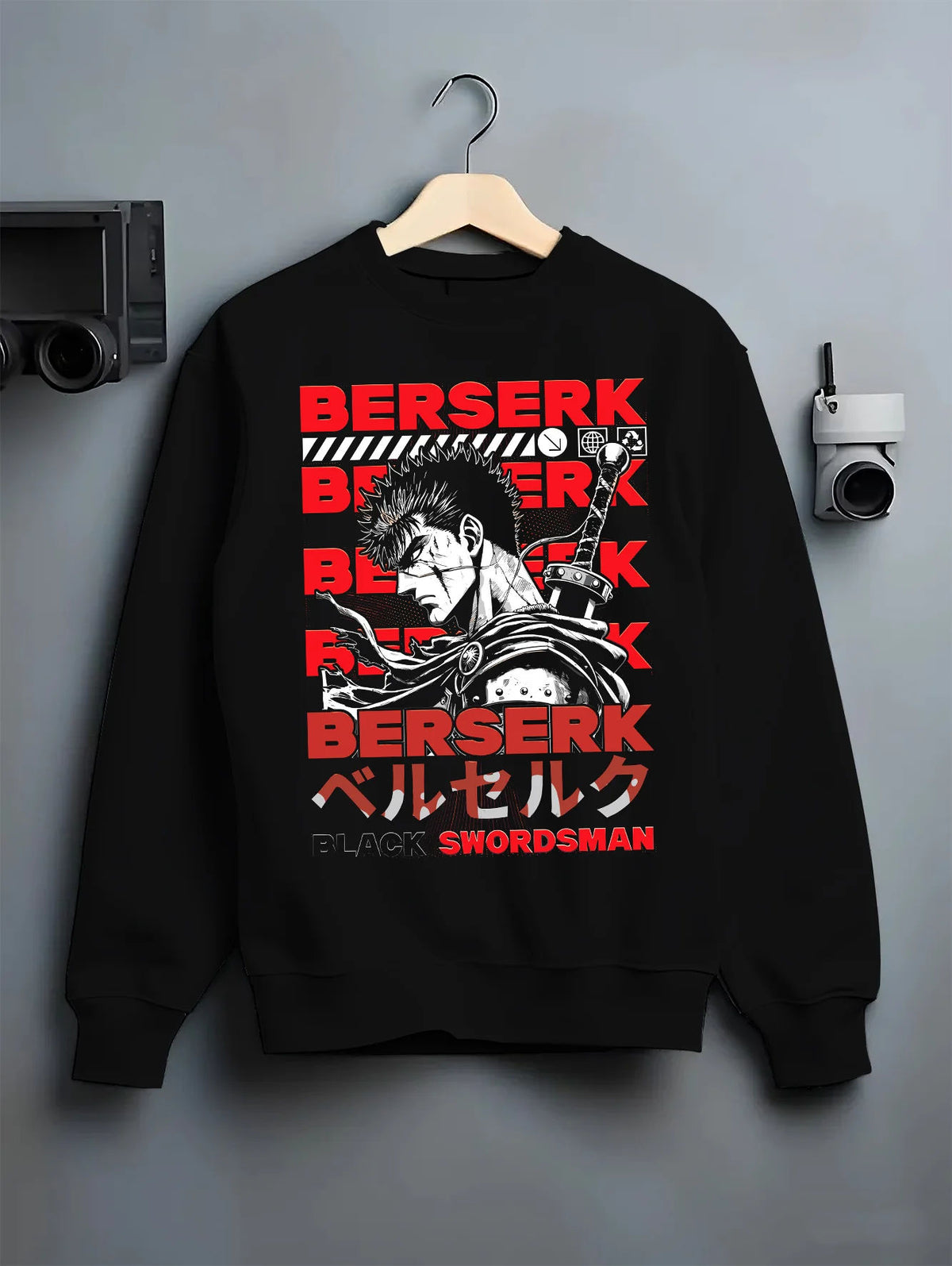 Black crewneck sweatshirt on hanger showing Guts from Berserk: Black Swordsman manga portrait