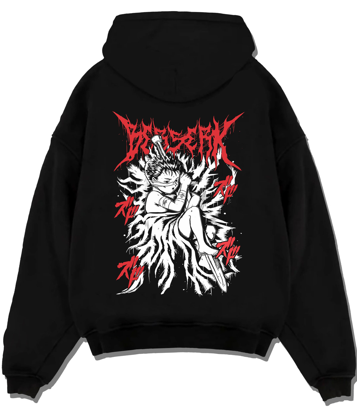 Black hoodie flat back view showing Guts from Berserk: Berserker Armour combat stance