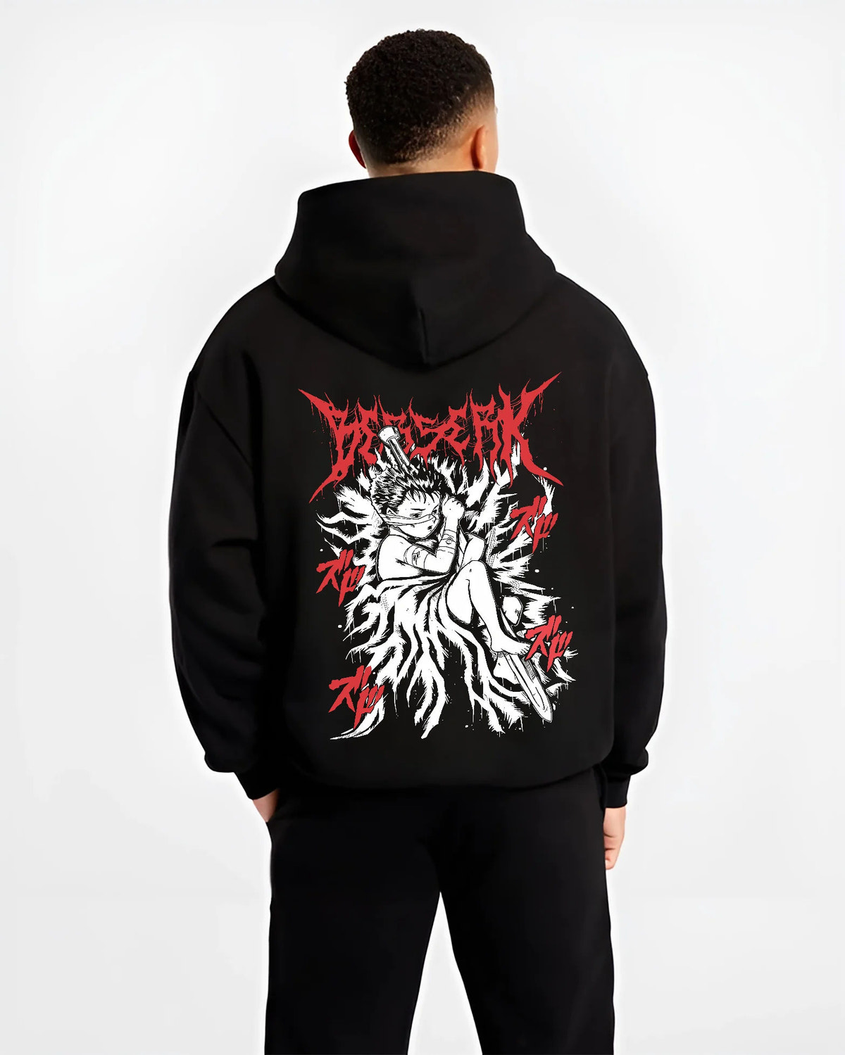 Black hoodie model back view showing Guts from Berserk: Berserker Armour combat stance