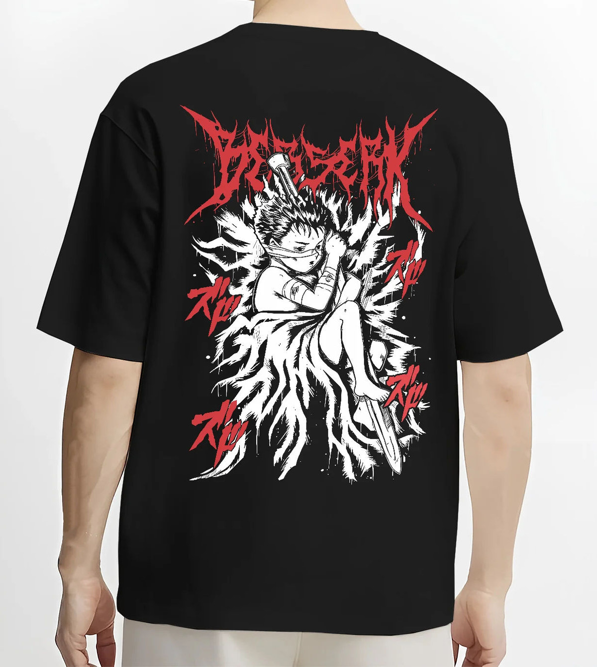 Black T-shirt model back view showing Guts from Berserk: Berserker Armour combat stance