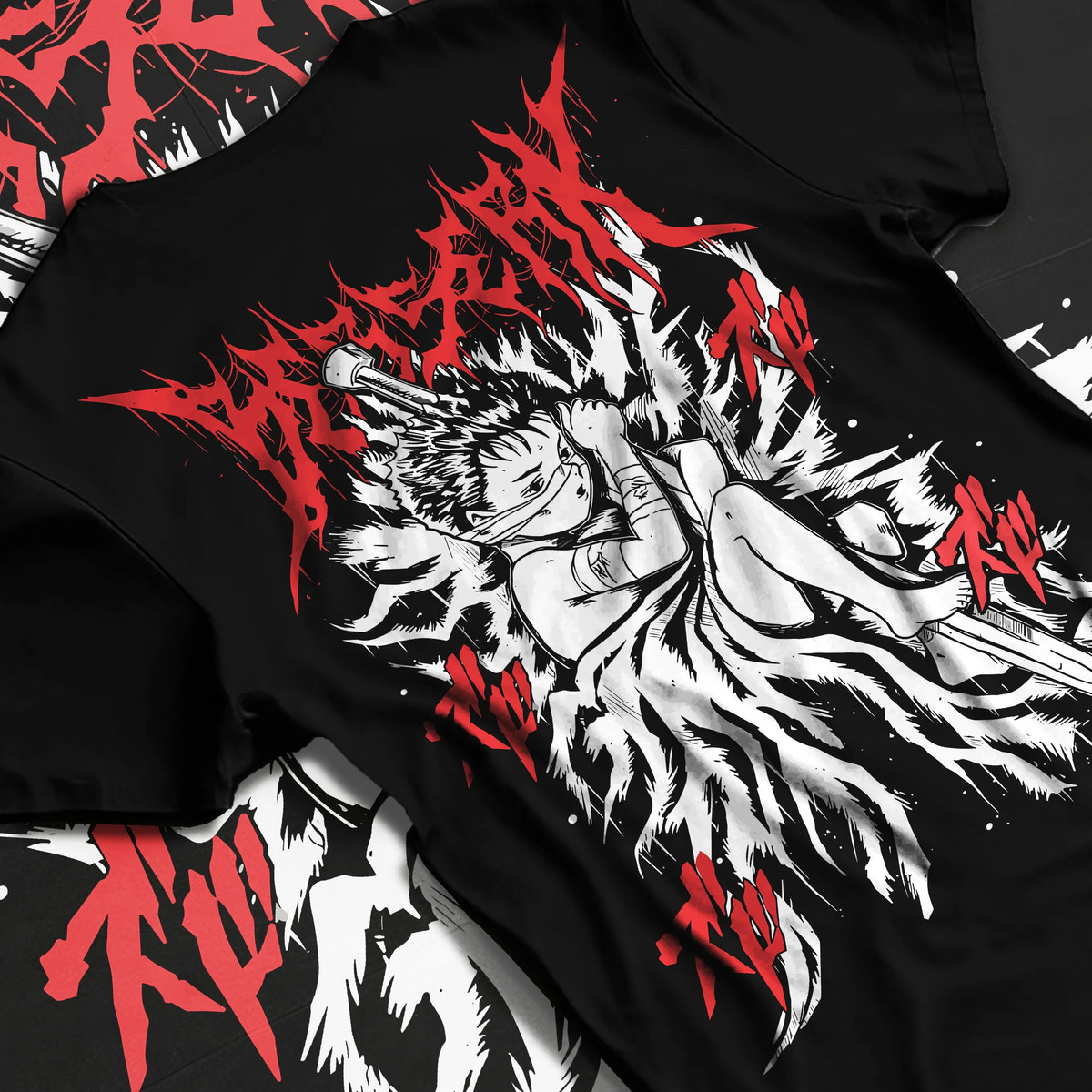 Black T-shirt flat back view showing Guts from Berserk: Berserker Armour combat stance