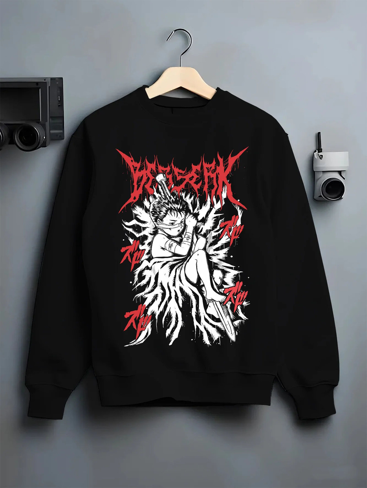 Black crewneck sweatshirt on hanger showing Guts from Berserk: Berserker Armour combat stance