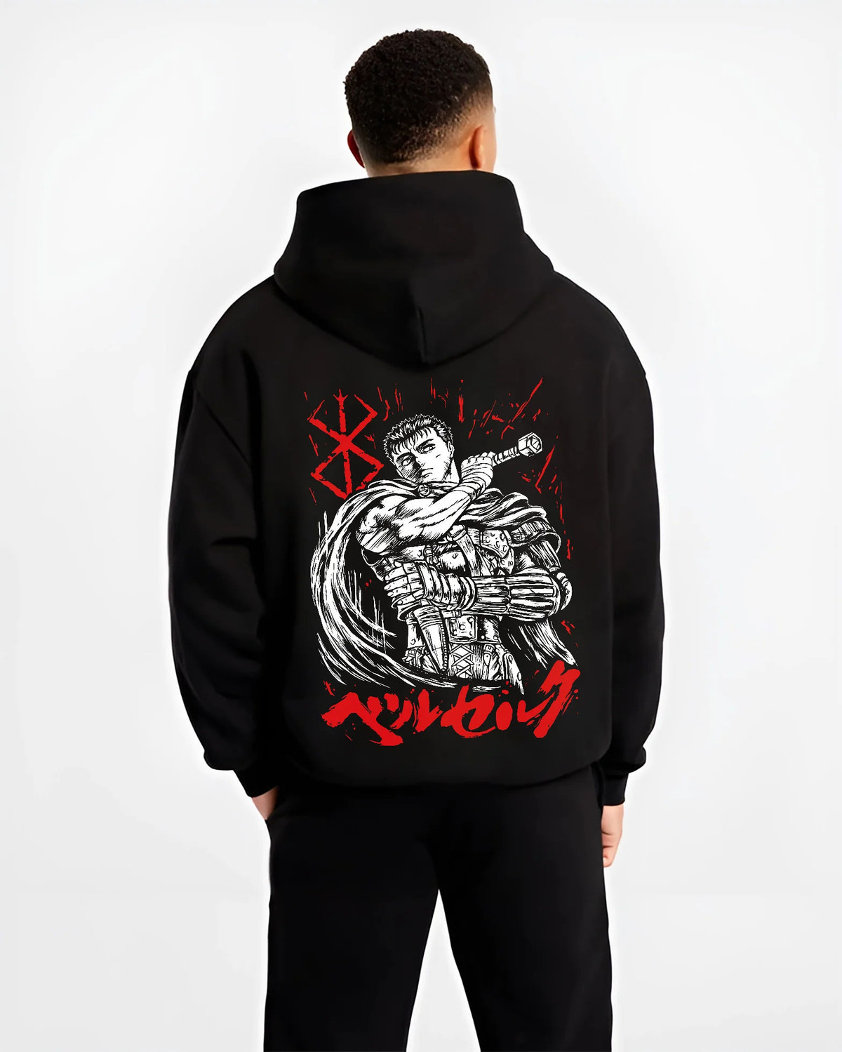 Black hoodie model back view showing Guts from Berserk: Berserk manga swordsman