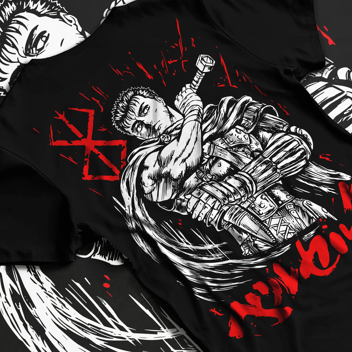 Black T-shirt flat back view showing Guts from Berserk: Berserk manga swordsman