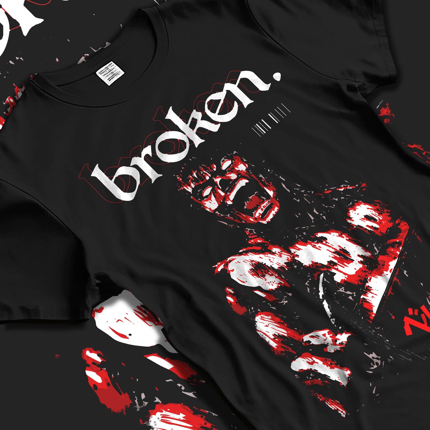 Black T-shirt laid flat with natural fabric folds, featuring Berserk Guts retro manga graphic artwork with distressed bloody anime design and bold “broken” lettering.