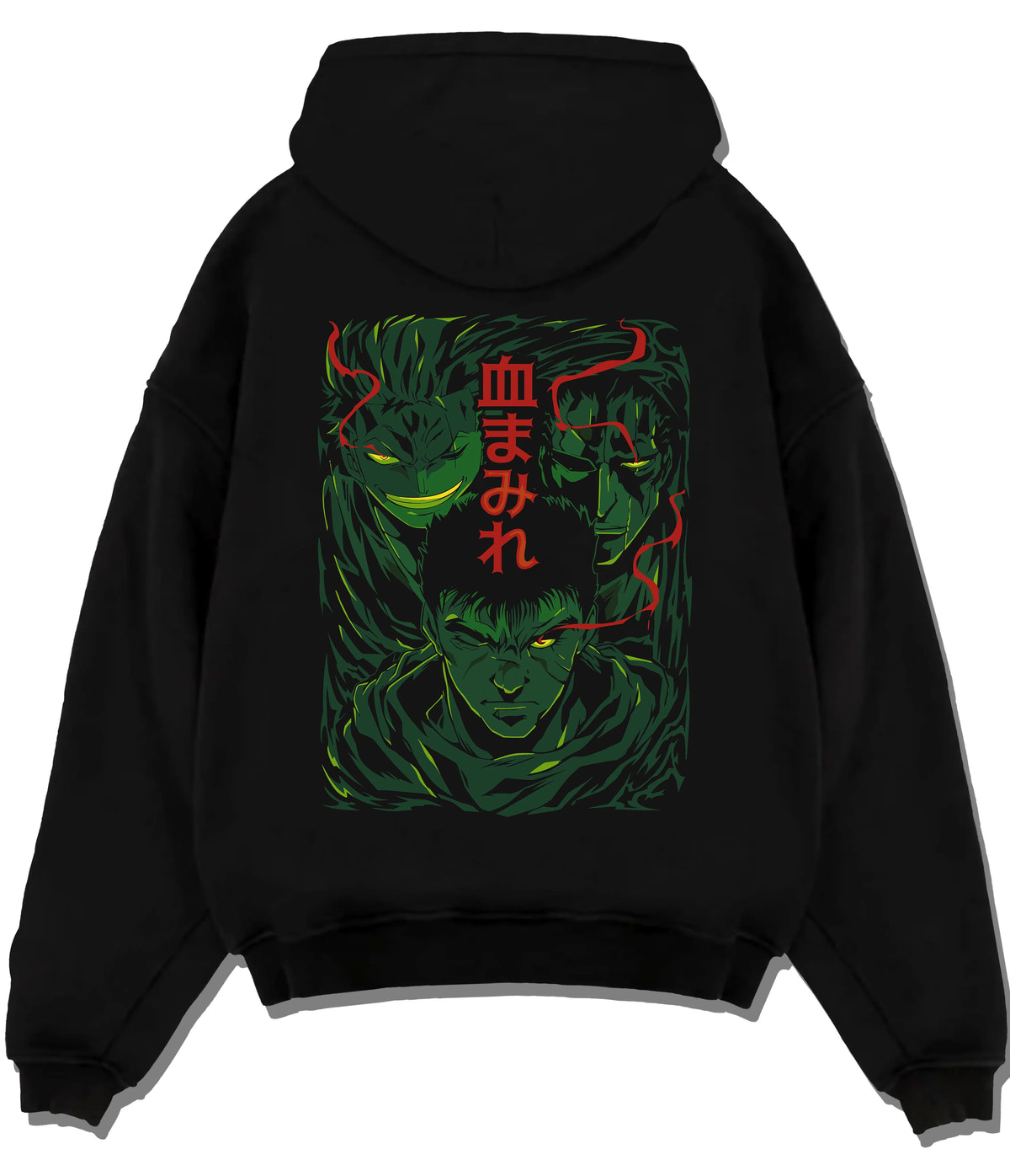 Black hoodie flat back view with Berserk dark-haired warrior in green/red portrait illustrated back graphic