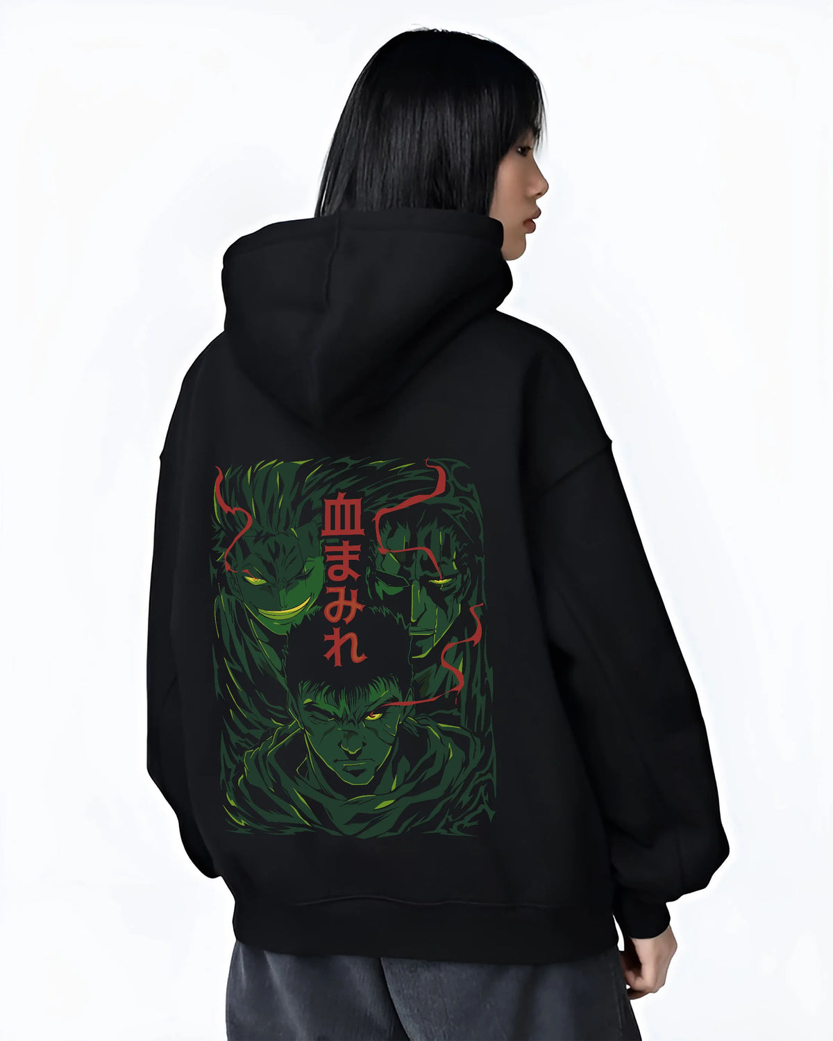 Black hoodie female model back view with Berserk dark-haired warrior in green/red portrait illustrated back graphic