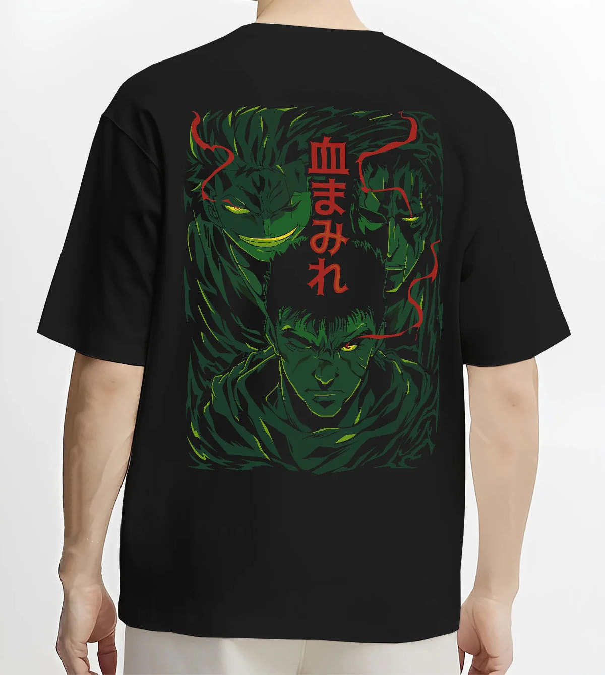 Black T-shirt model back view with Berserk dark-haired warrior in green/red portrait illustrated back graphic