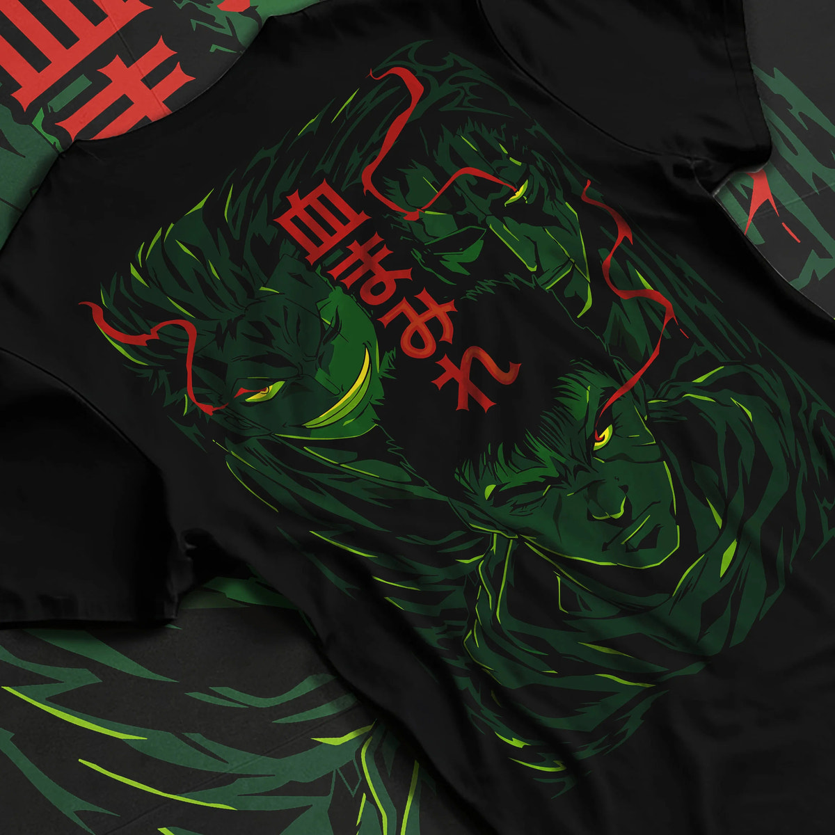 Black T-shirt flat back view with Berserk dark-haired warrior in green/red portrait illustrated back graphic