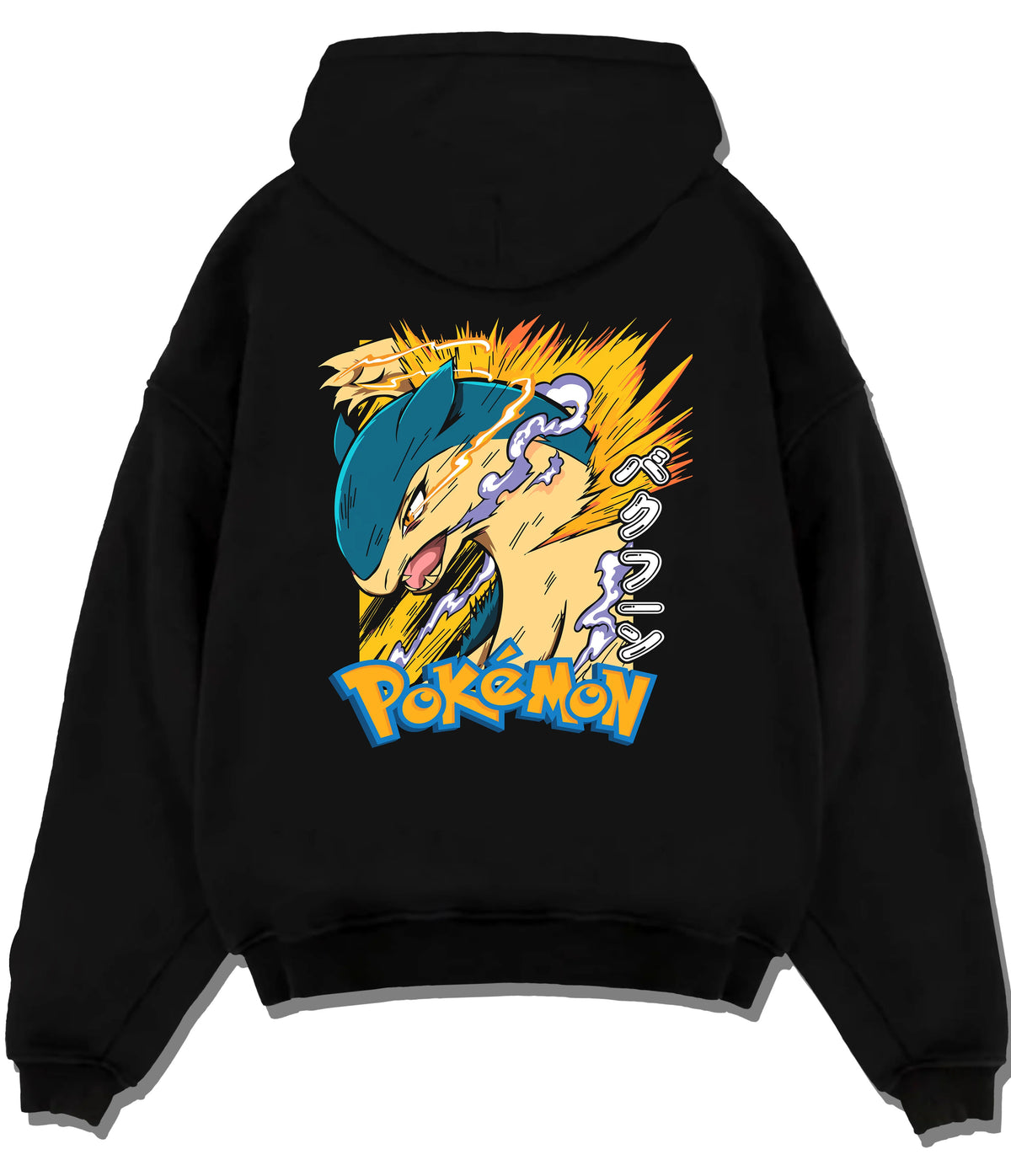 Black hoodie flat back view showing Gyarados from Pokémon: Pokémon electric-wave print