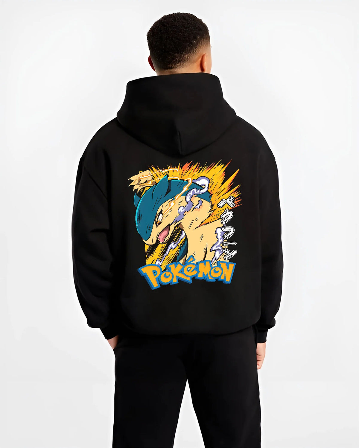 Black hoodie model back view showing Gyarados from Pokémon: Pokémon electric-wave print