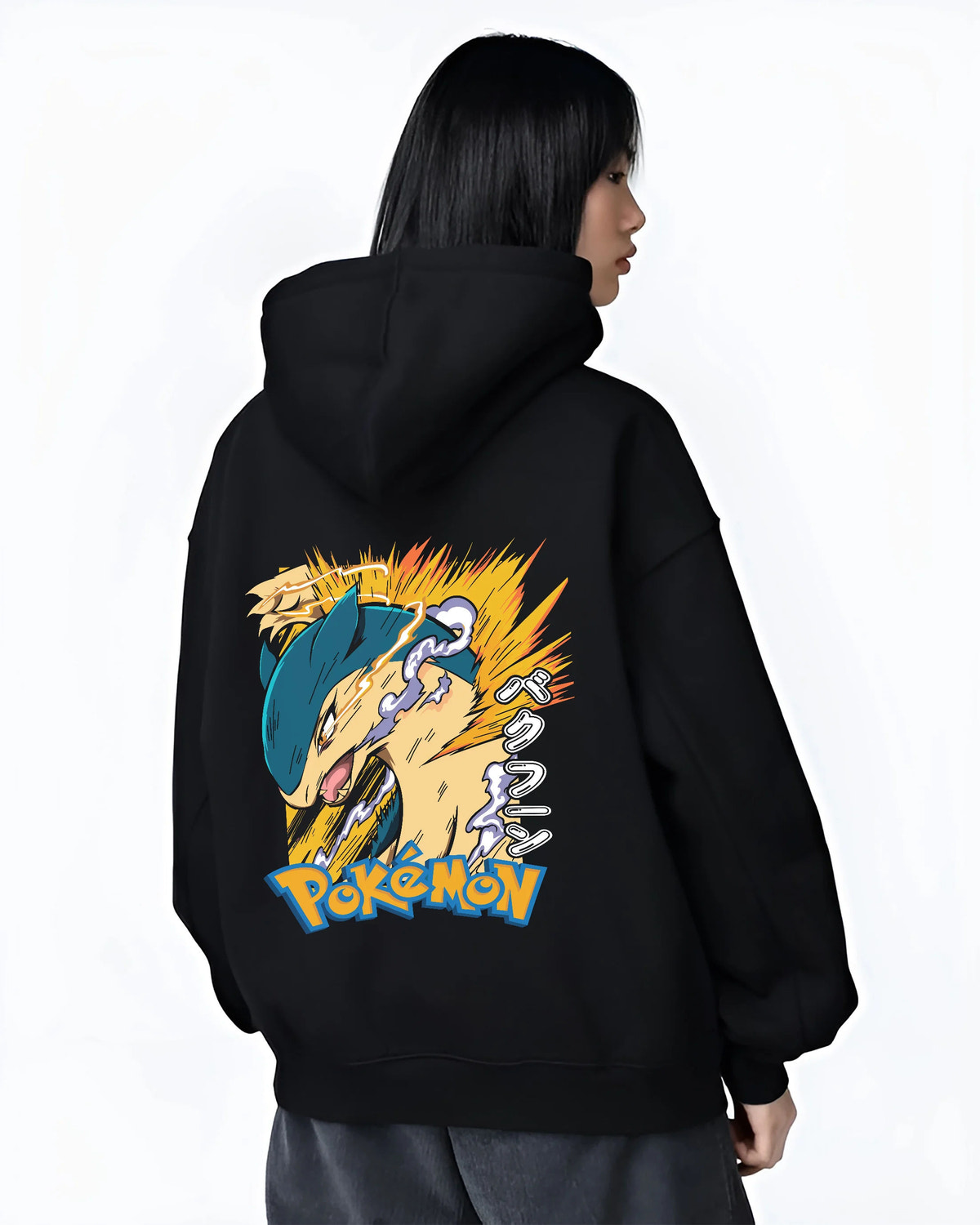 Black hoodie female model back view showing Gyarados from Pokémon: Pokémon electric-wave print