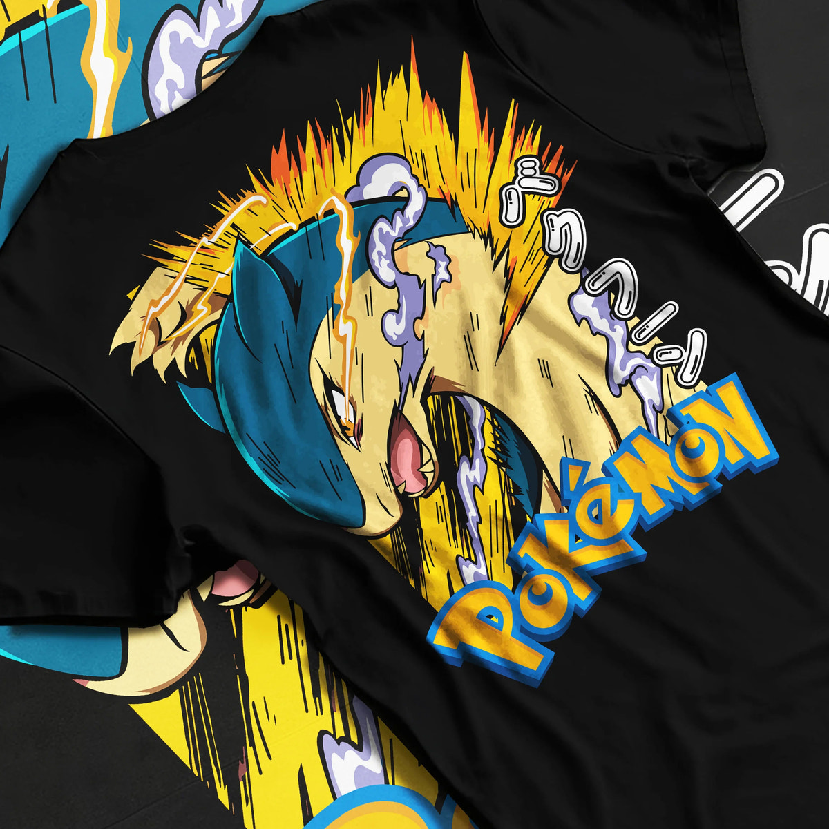 Black T-shirt flat back view showing Gyarados from Pokémon: Pokémon electric-wave print