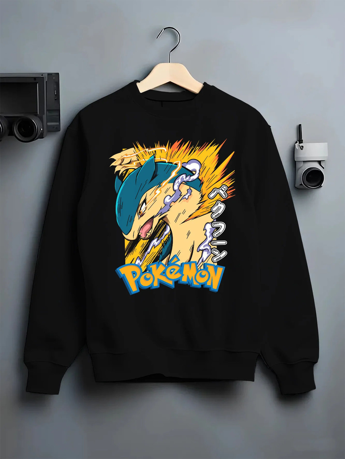 Black crewneck sweatshirt on hanger showing Gyarados from Pokémon: Pokémon electric-wave print