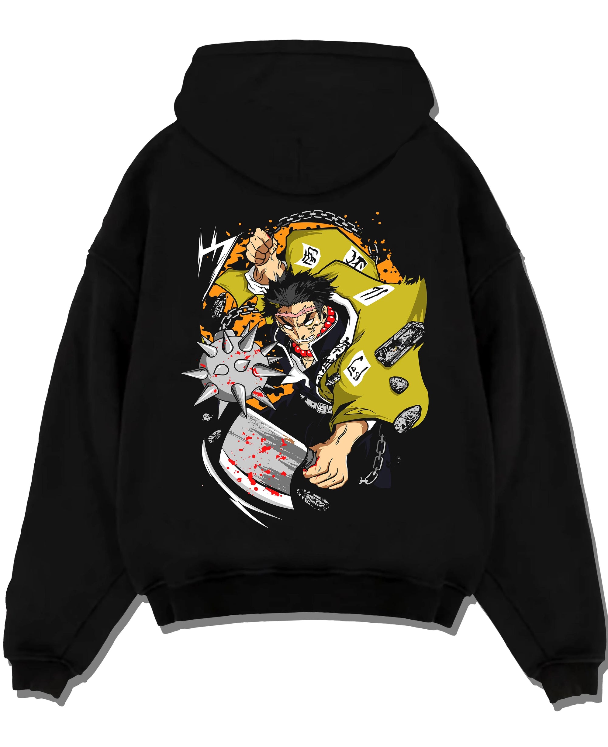 Black pullover hoodie laid flat with Chainsaw Man Hoodie Denji Chainsaw Hero Jumper graphic Denji anime design.