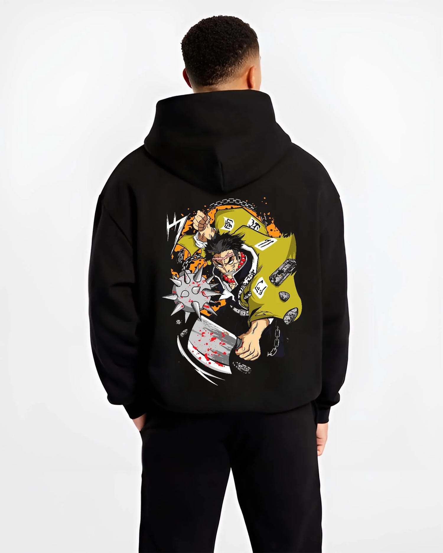 Black hoodie worn by male model, back view with Chainsaw Man Hoodie Denji Chainsaw Hero Jumper graphic bold anime graphic.