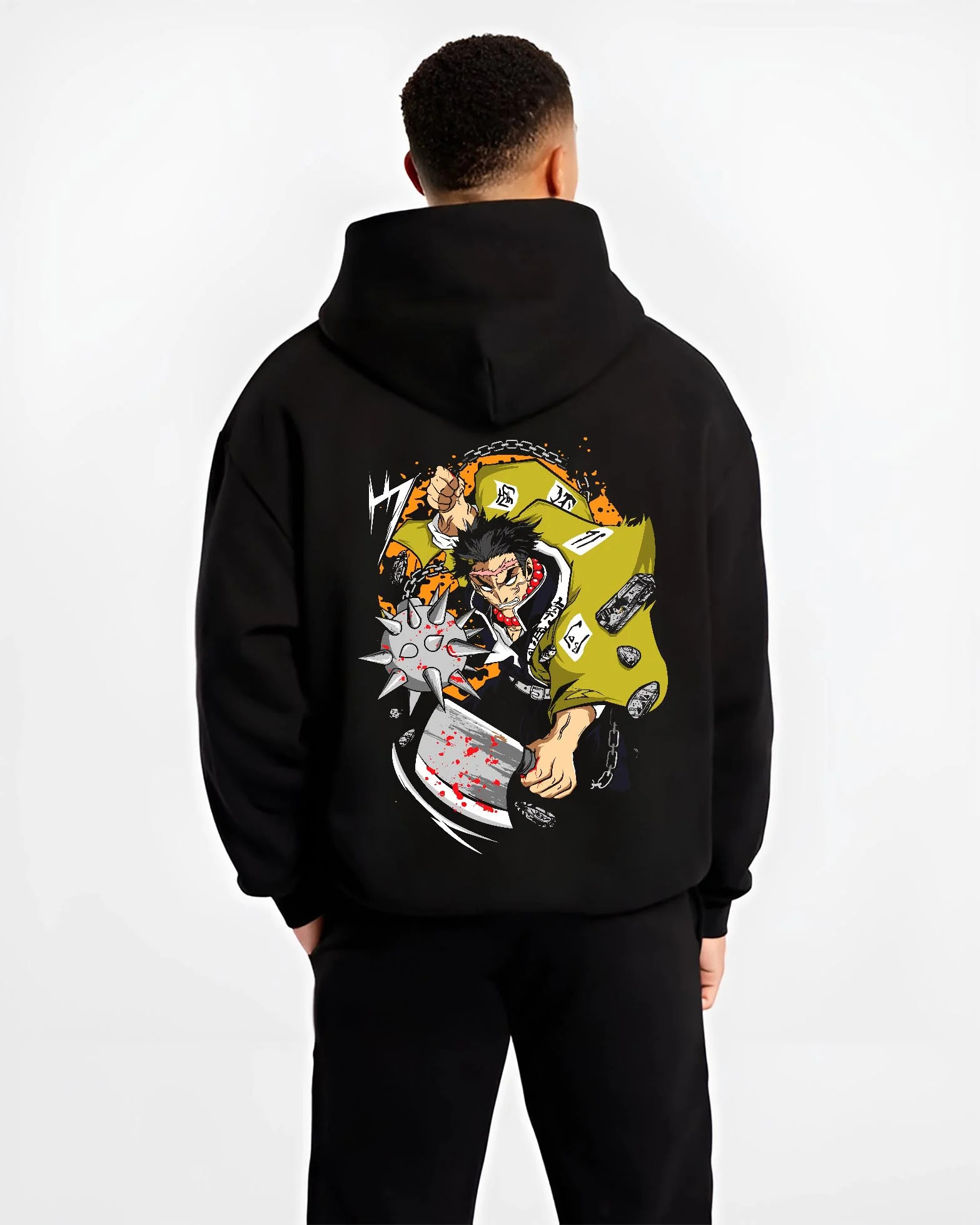 Black hoodie worn by male model, back view with Chainsaw Man Hoodie Denji Chainsaw Hero Jumper graphic bold anime graphic.