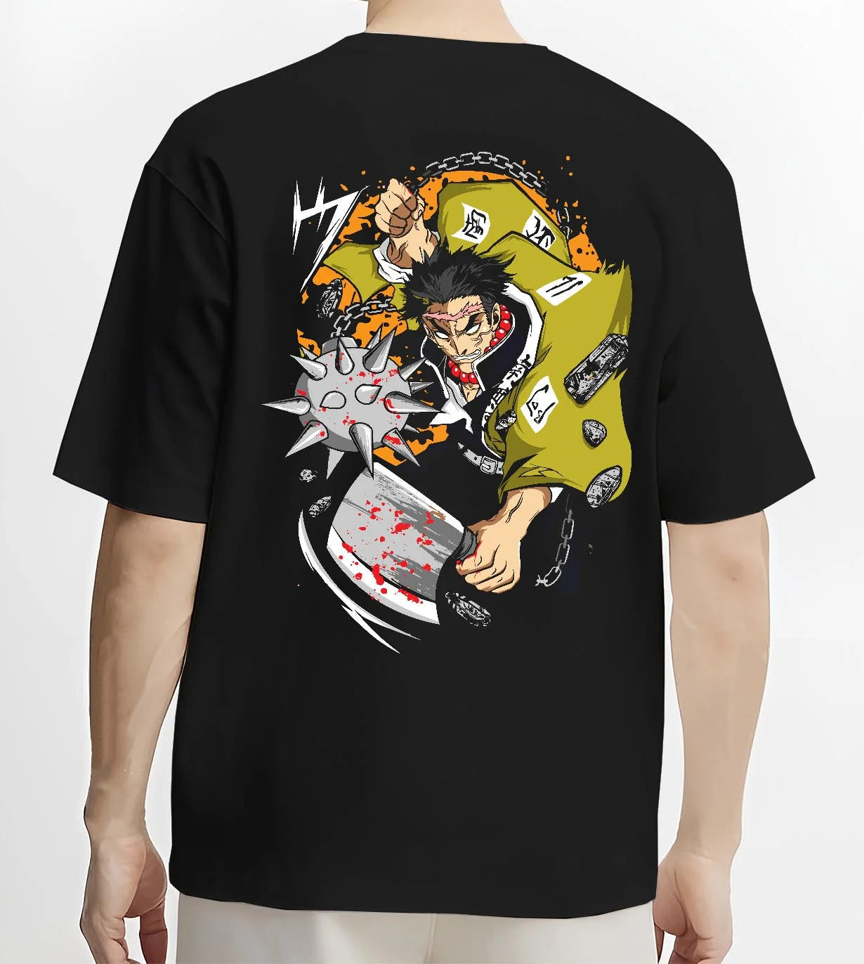 Black T-shirt worn by male model, back view with Chainsaw Man Hoodie Denji Chainsaw Hero Jumper graphic Denji anime design.