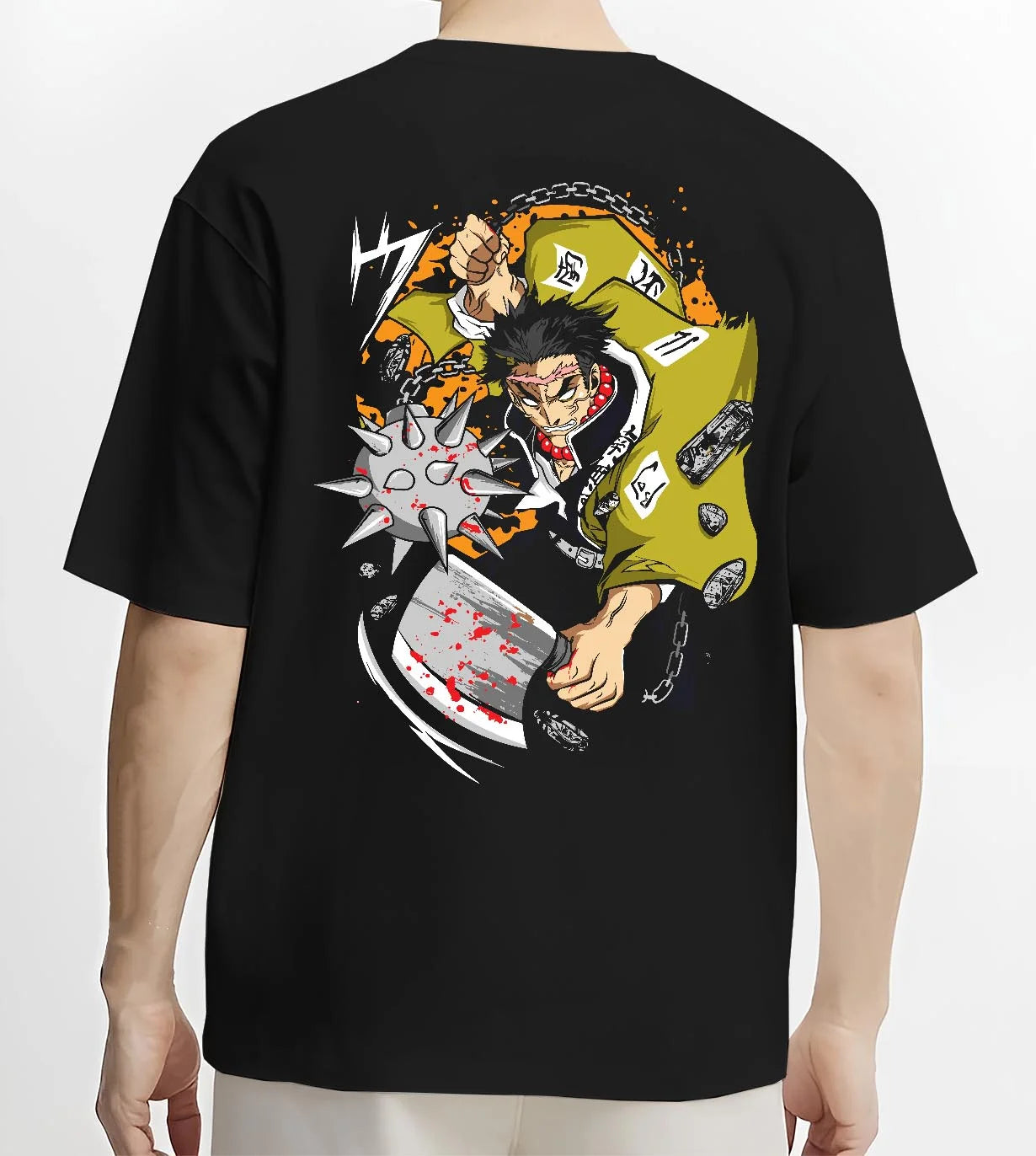Black T-shirt worn by male model, back view with Chainsaw Man Hoodie Denji Chainsaw Hero Jumper graphic Denji anime design.