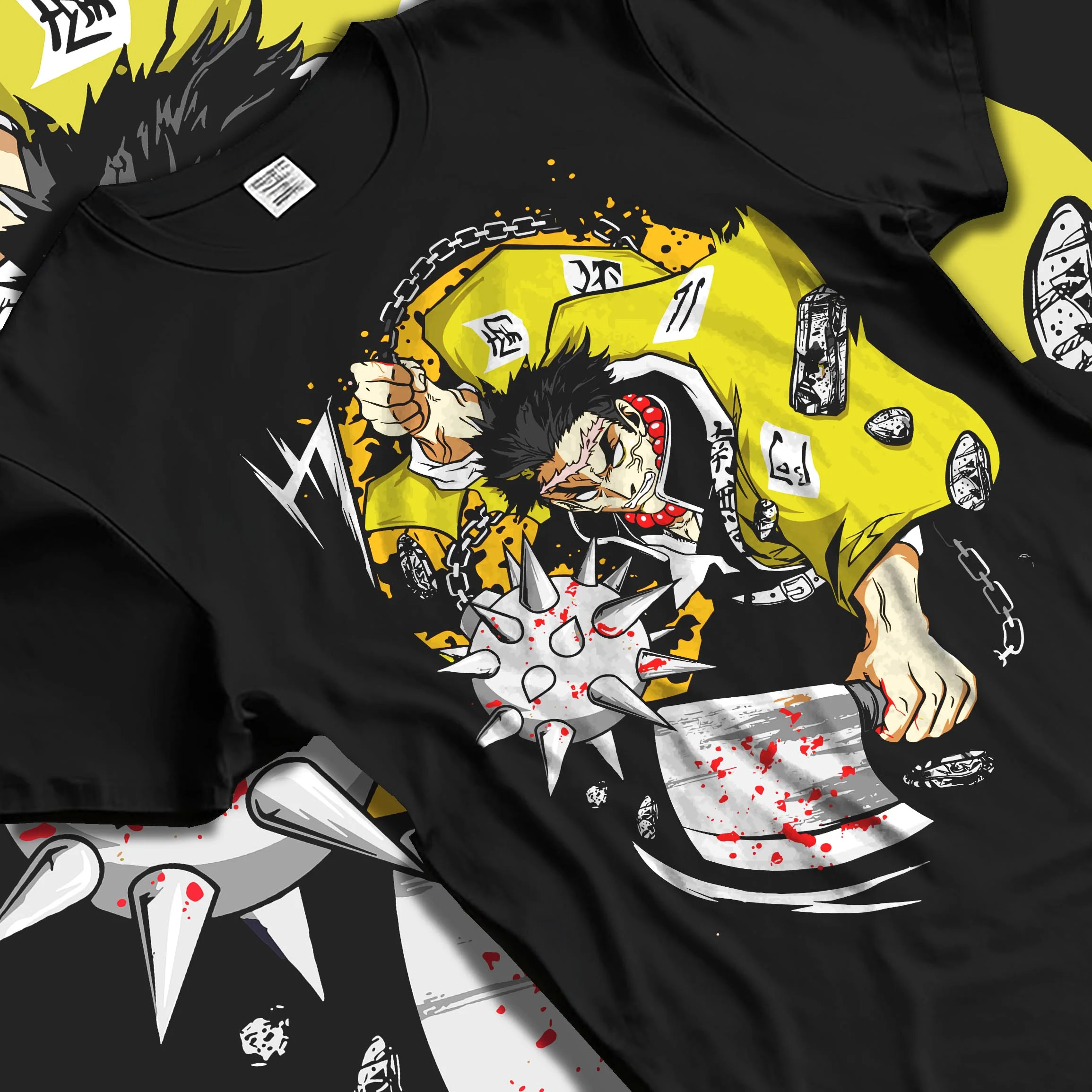 Black T-shirt laid flat with natural folds with Chainsaw Man Hoodie Denji Chainsaw Hero Jumper graphic Denji anime design.