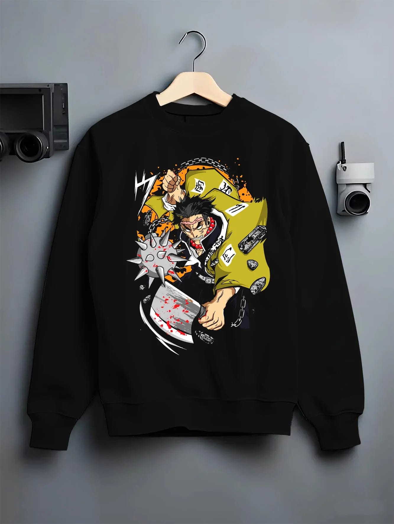 Black crewneck sweatshirt on hanger with Chainsaw Man Hoodie Denji Chainsaw Hero Jumper graphic premium wear.