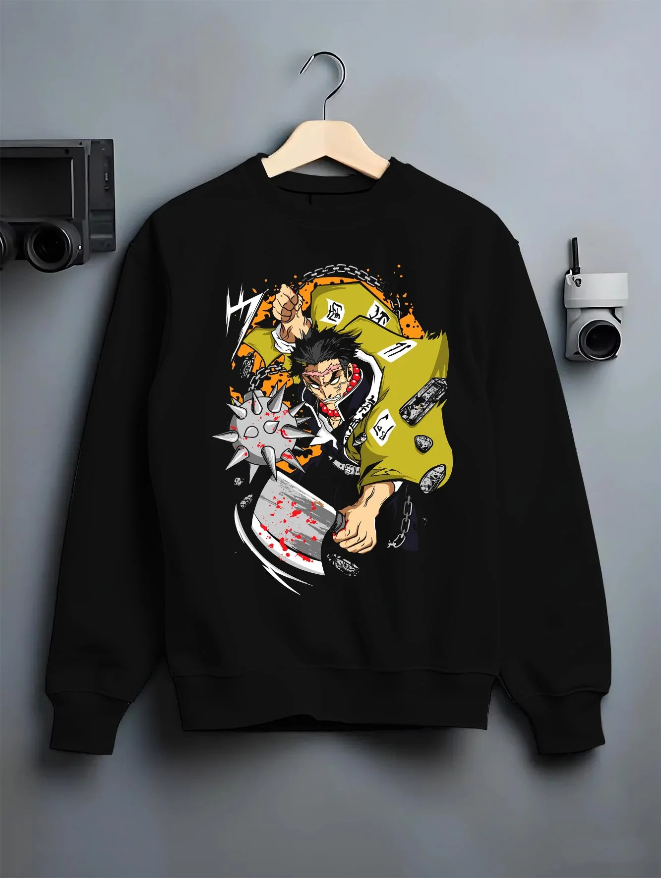 Black crewneck sweatshirt on hanger with Chainsaw Man Hoodie Denji Chainsaw Hero Jumper graphic premium wear.