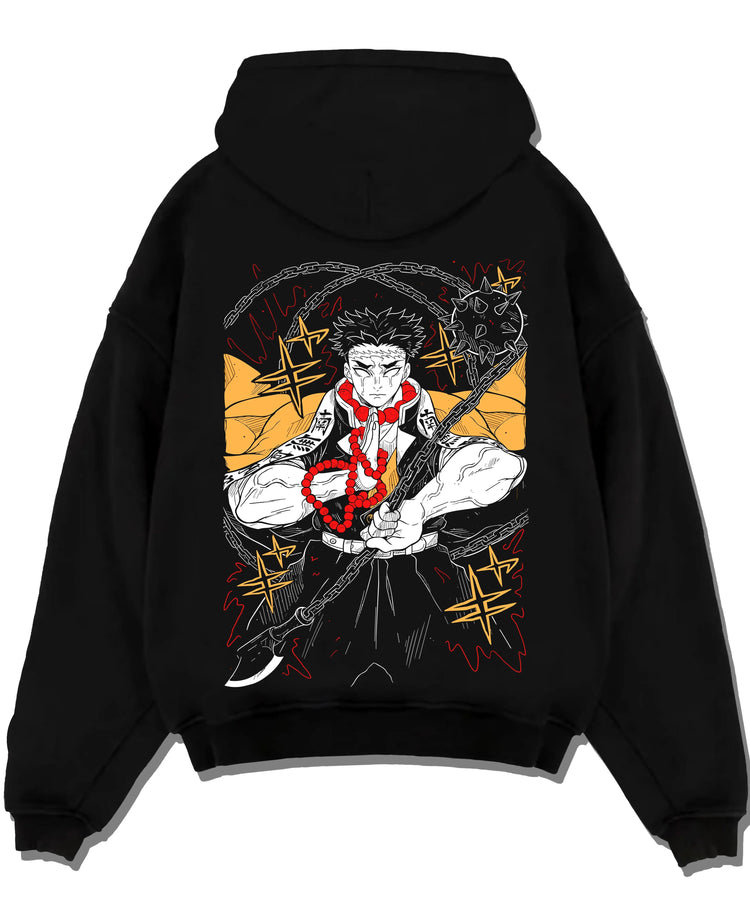 Black pullover hoodie laid flat with Demon Slayer Hoodie Gyomei Himejima Strong Pillar graphic premium wear.