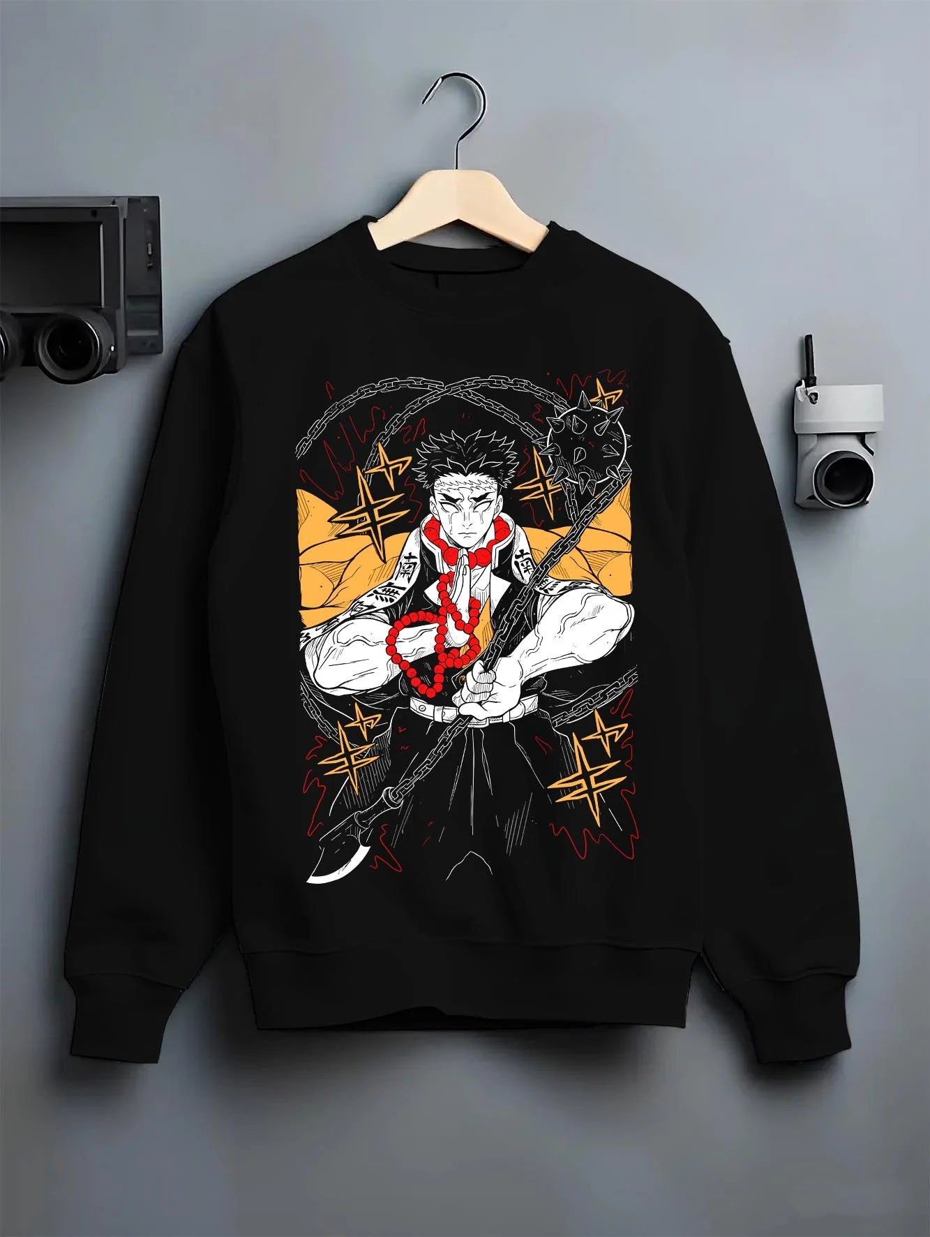 Black crewneck sweatshirt on hanger with Demon Slayer Hoodie Gyomei Himejima Strong Pillar graphic streetwear graphic.