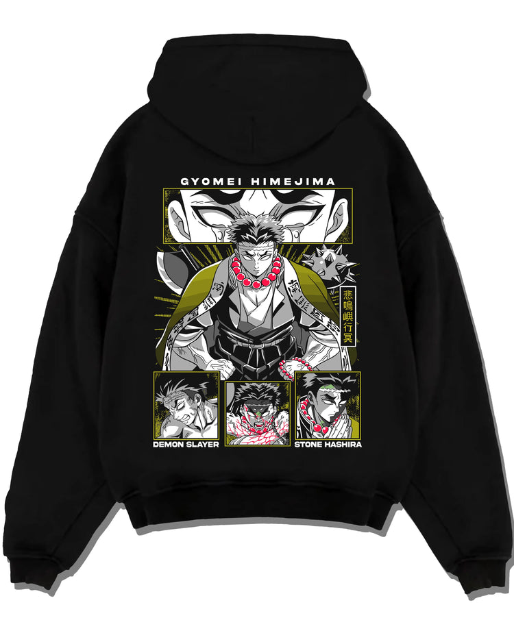 Black pullover hoodie laid flat with Demon Slayer Hoodie Gyomei Himejima Stone Hashira graphic premium wear.