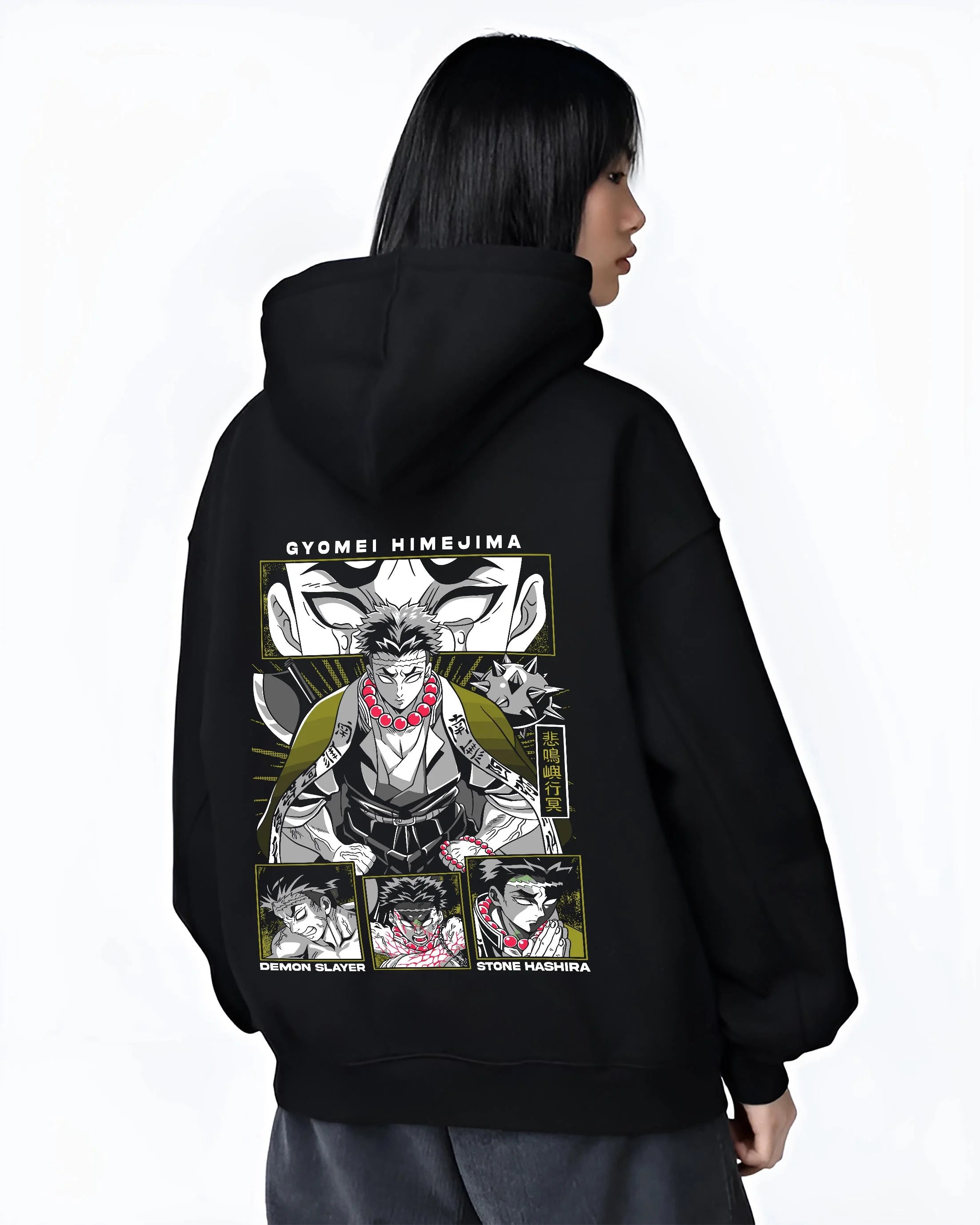 Black hoodie worn by female model, back view with Demon Slayer Hoodie Gyomei Himejima Stone Hashira graphic streetwear graphic.