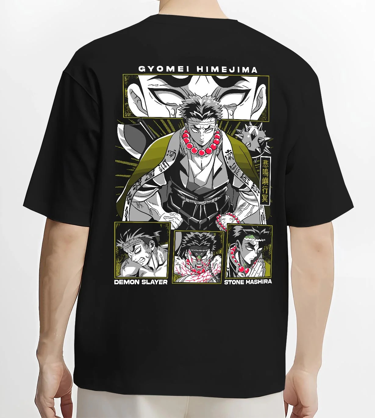 Black T-shirt worn by male model, back view with Demon Slayer Hoodie Gyomei Himejima Stone Hashira graphic streetwear graphic.