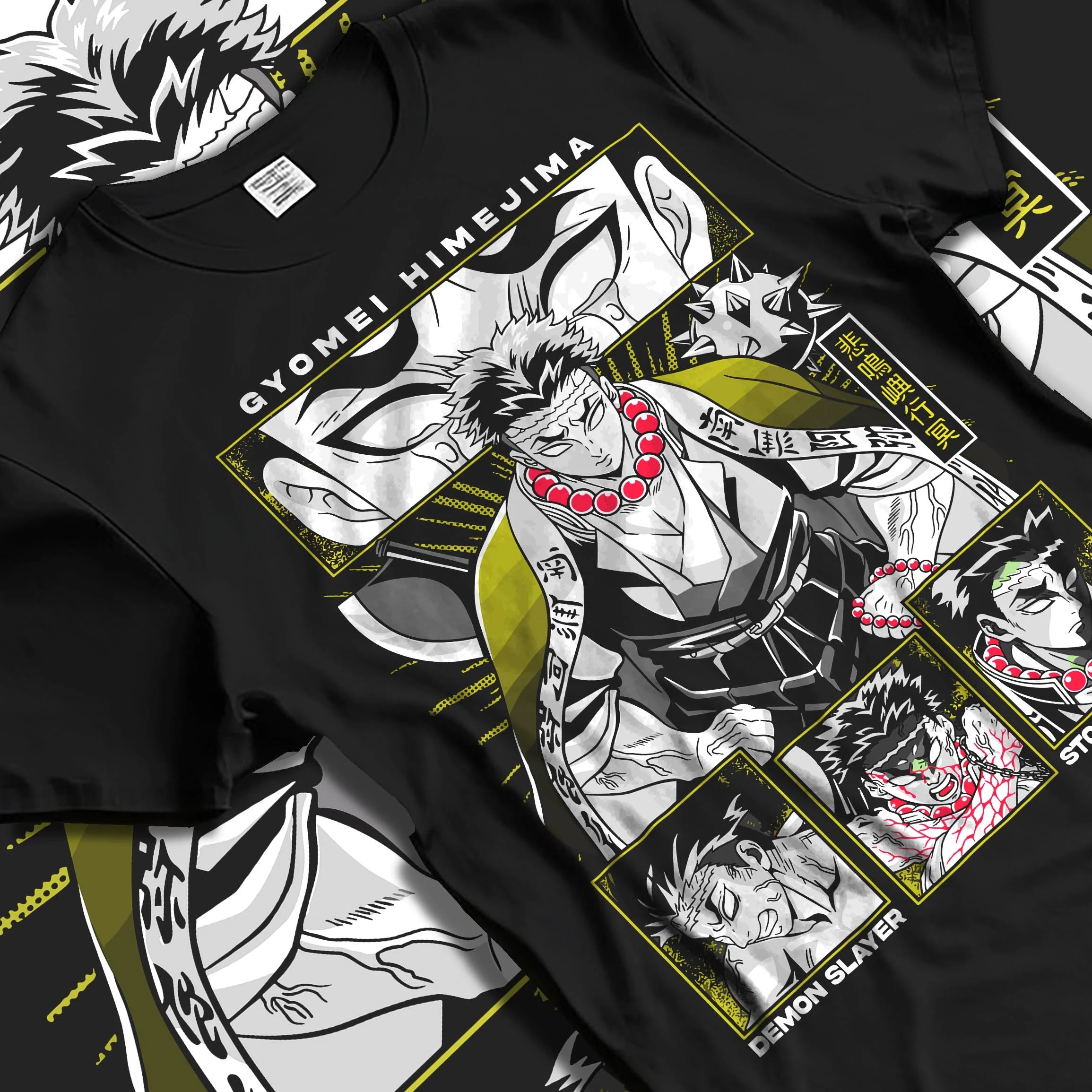 Black T-shirt laid flat with natural folds with Demon Slayer Hoodie Gyomei Himejima Stone Hashira graphic premium wear.