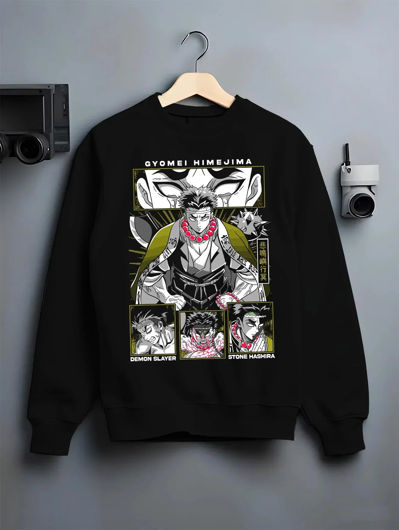 Black crewneck sweatshirt on hanger with Demon Slayer Hoodie Gyomei Himejima Stone Hashira graphic streetwear graphic.