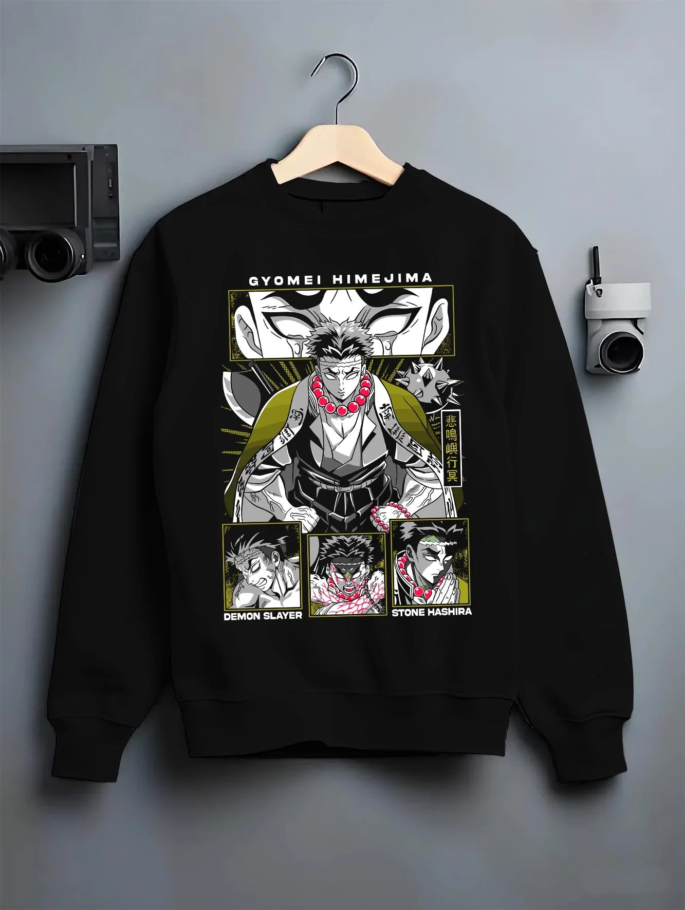 Black crewneck sweatshirt on hanger with Demon Slayer Hoodie Gyomei Himejima Stone Hashira graphic streetwear graphic.